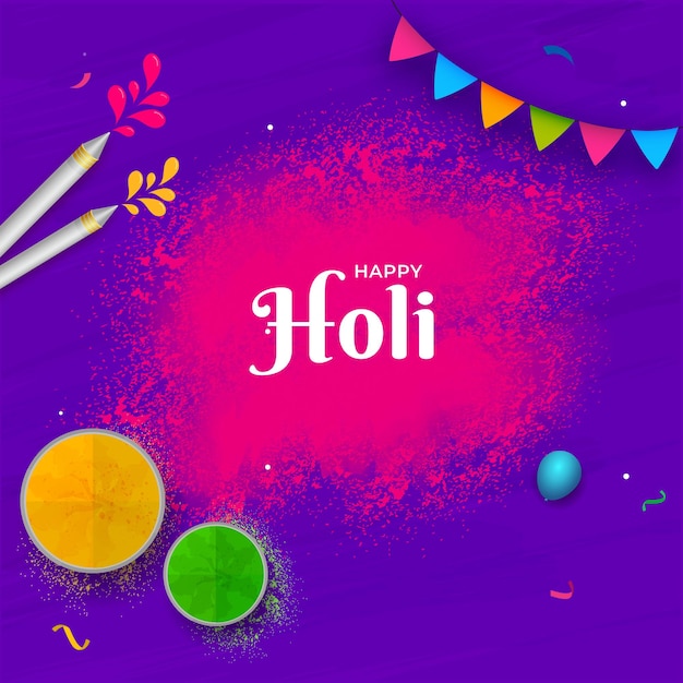 Top View ciotole piene di polvere colorata con palloncini pistole d'acqua Pichkari e bandiere Bunting Decorazione su sfondo rosa Splash viola per il concetto di celebrazione Holi felice