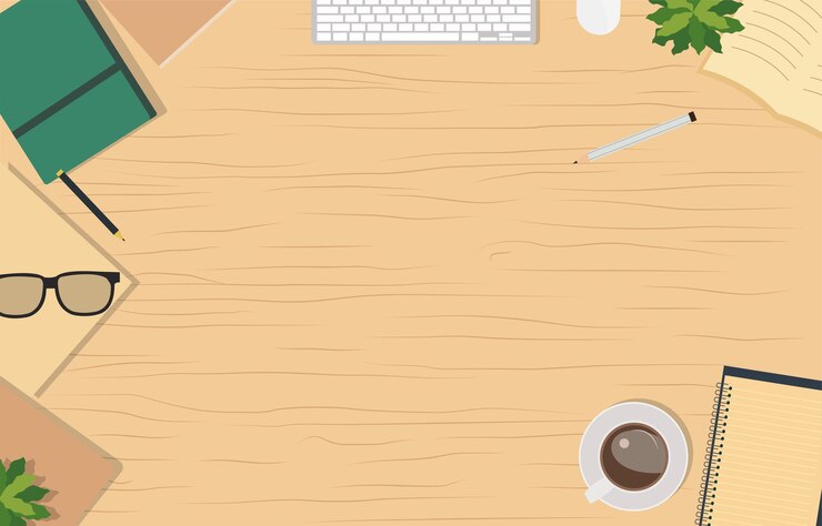 Vettore top view di office book stationery su scrivania di lavoro con spazio di copia su sfondo di legno