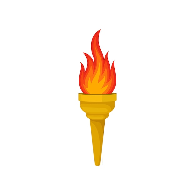 Torcia gialla con fiamma fiammeggiante arancione brillante Fuoco ardente caldo Elemento grafico per poster pubblicitari volantini o striscioni Illustrazione vettoriale colorata in stile piatto isolata su sfondo bianco
