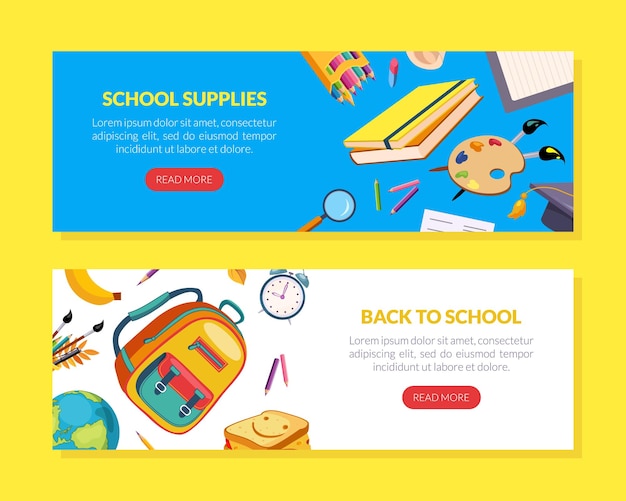 Torna a scuola Modelli di pagina di destinazione Set di rifornimenti scolastici Pagina principale Sito web Illustrazione vettoriale di cartoni animati