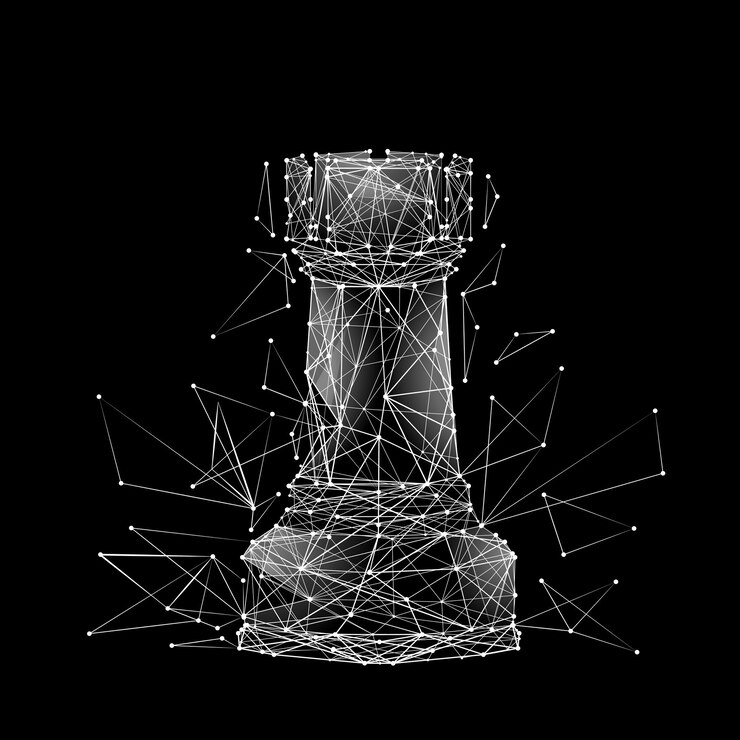 Vettore torre di scacchi low poly linea di poltiglia astratta e azione a punti su sfondo nero con un'iscrizione