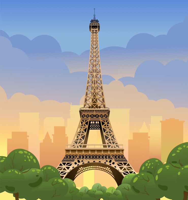 Torre Eiffel a Parigi. Tramonto sugli Champs Elysees. Sera Parigi. Tramonto in Francia