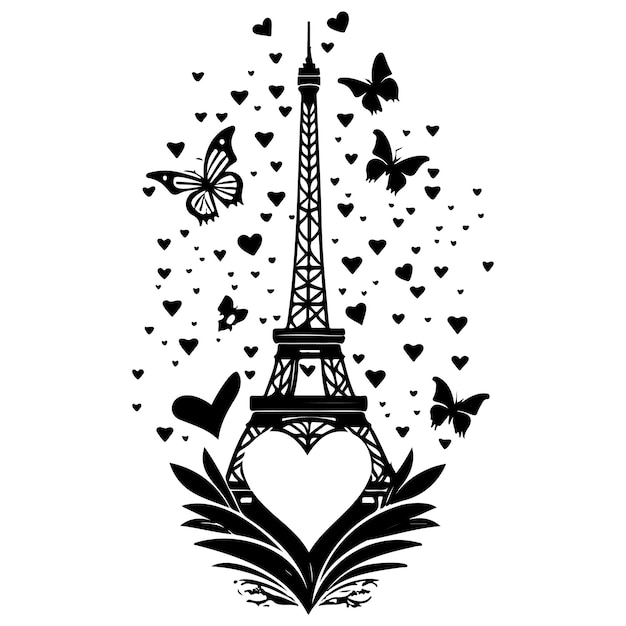 Torre Eiffel con farfalla cuore d'amore illustrazione di San Valentino disegno a mano