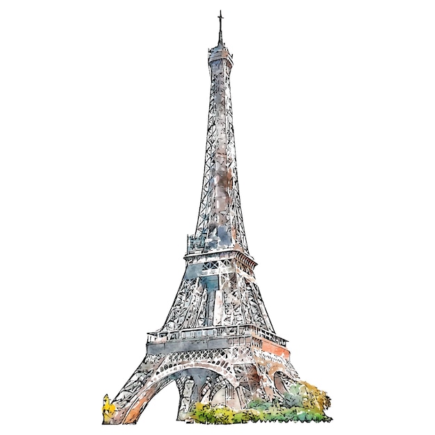 Torre Eiffel Francia acquerello illustrazione disegnata a mano isolata su sfondo bianco