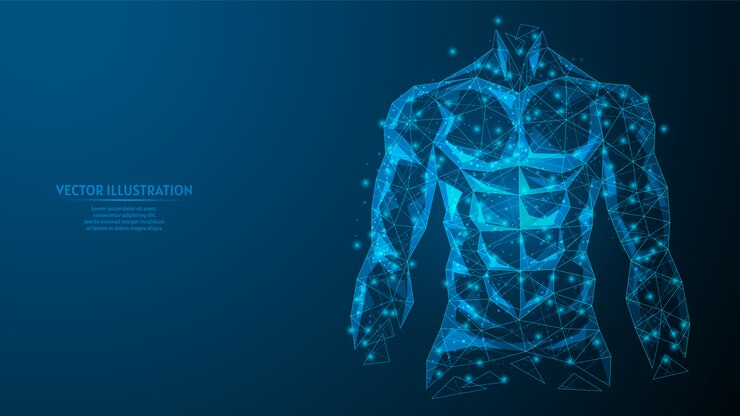 Vettore torso di un primo piano di uomo. corpo muscoloso atletico gonfiato. il concetto di sport, alimentazione sana, stile di vita sano. illustrazione di modello poli wireframe basso 3d.