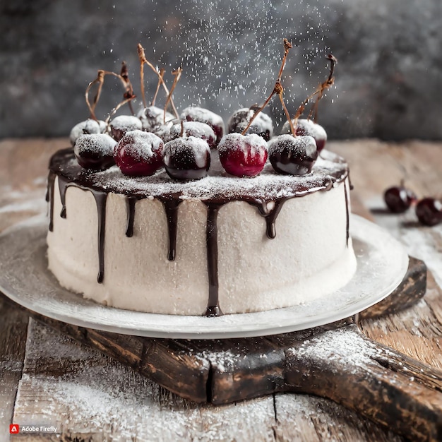 Torta al cioccolato e disegno floreale con cioccolata sul lato della torta candele sulla torta