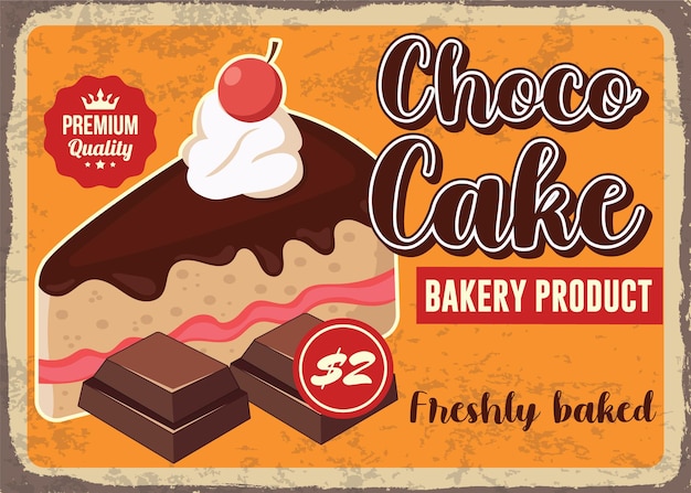 Torta al cioccolato vintage targa in metallo design poster retrò disegno vettoriale