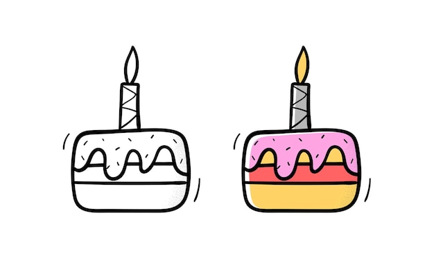 Torta con candela in stile scarabocchio. Illustrazione vettoriale.