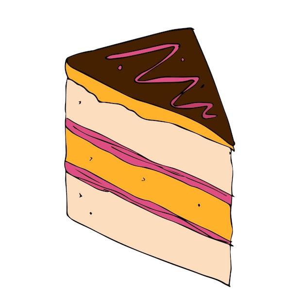 Torta con spruzzi di colore Disegno a mano Pezzo di torta in stile doodle