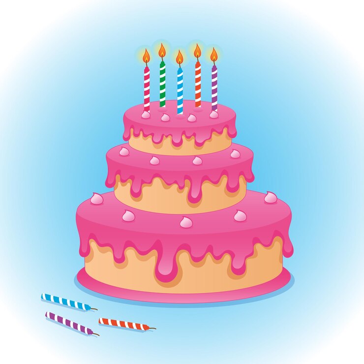 Vettore torta di compleanno con cinque candele accese isolate su sfondo blu disegno vettoriale illustrazione