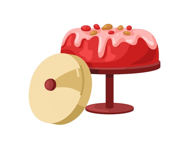 Torta mousse ricoperta di glassa a specchio crema di yogurt dessert dolce con sapore di bacca di frutta servito su un bancone di piatti dolci alimentari illustrazione vettoriale grafica piatta isolata su sfondo bianco
