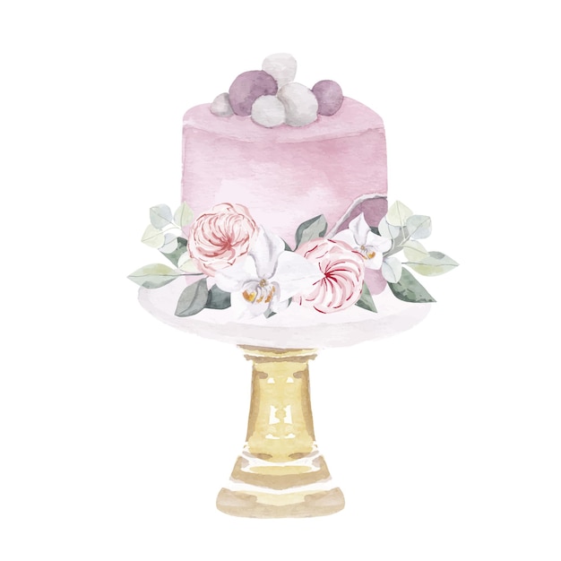 Torta rosa acquerello con illustrazione di amaretti isolato su sfondo bianco