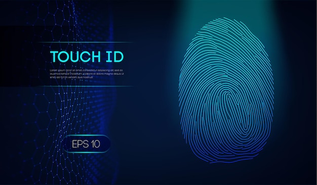 Touch id su sfondo blu scuro. Autorizzazione biometrica. EPS 10.
