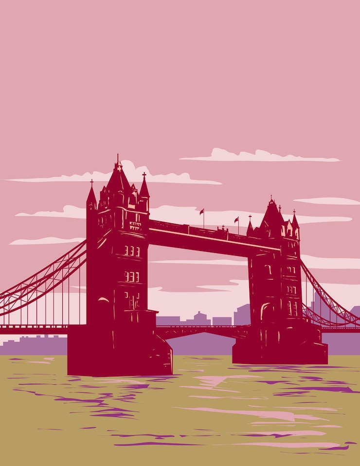 Vettore tower bridge sul fiume tamigi a londra inghilterra uk wpa poster art