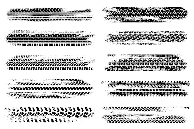 Tracce di pneumatici grunge elementi mega set in design grafico piatto oggetti bundle di ruote nere astratte tracciato di motocicletta o auto sentieri disordinati strada texture di gomma sporca effetto illustrazione vettoriale