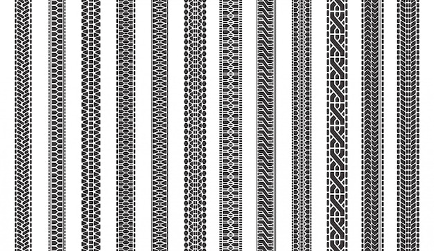 Tracce di pneumatici per auto. Piste del passo delle gomme di automobile, impronte di struttura della gomma, insieme dell'illustrazione di simboli dei segni della gomma del veicolo. Modello di camion automobilistico, impronta del battistrada