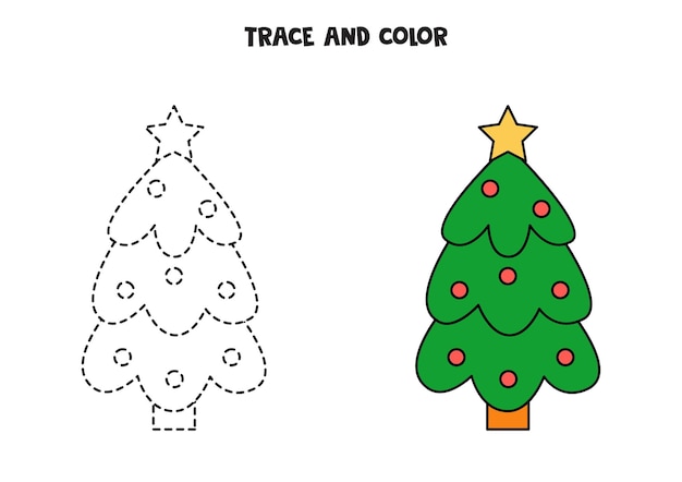 Traccia e colora l'albero di Natale. Foglio di lavoro per bambini.