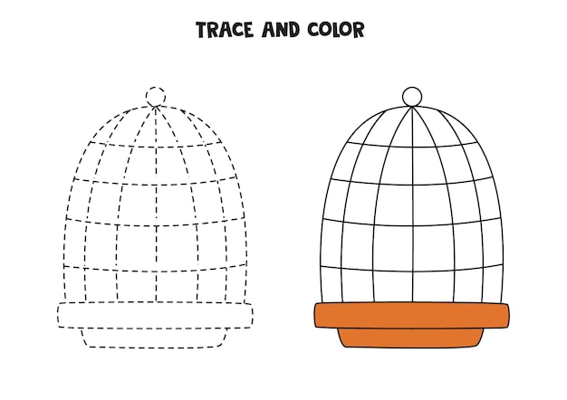 Traccia e colora la gabbia per uccelli disegnata a mano carina Foglio di lavoro per bambini