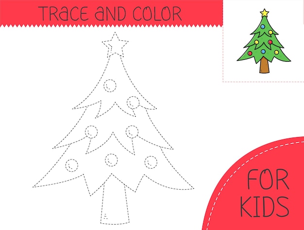 Traccia e colore libro da colorare con albero di Natale per bambini Pagina da colorare with cartoon albero di natale Illustrazione vettoriale per bambini
