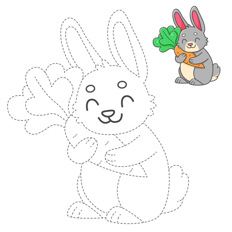 Vettore traccia e colore libro da colorare con coniglio con carota per bambini