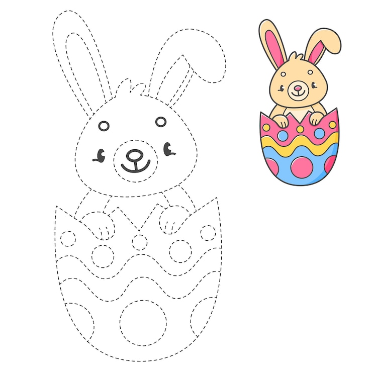 Vettore traccia e colore libro da colorare con il coniglio nell'uovo di pasqua per bambini