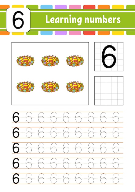 Tracciare e scrivere numeri Esercizio di scrittura a mano Imparare i numeri per i bambini Educazione sviluppo di fogli di lavoro Pagina di attività Illustrazione vettoriale
