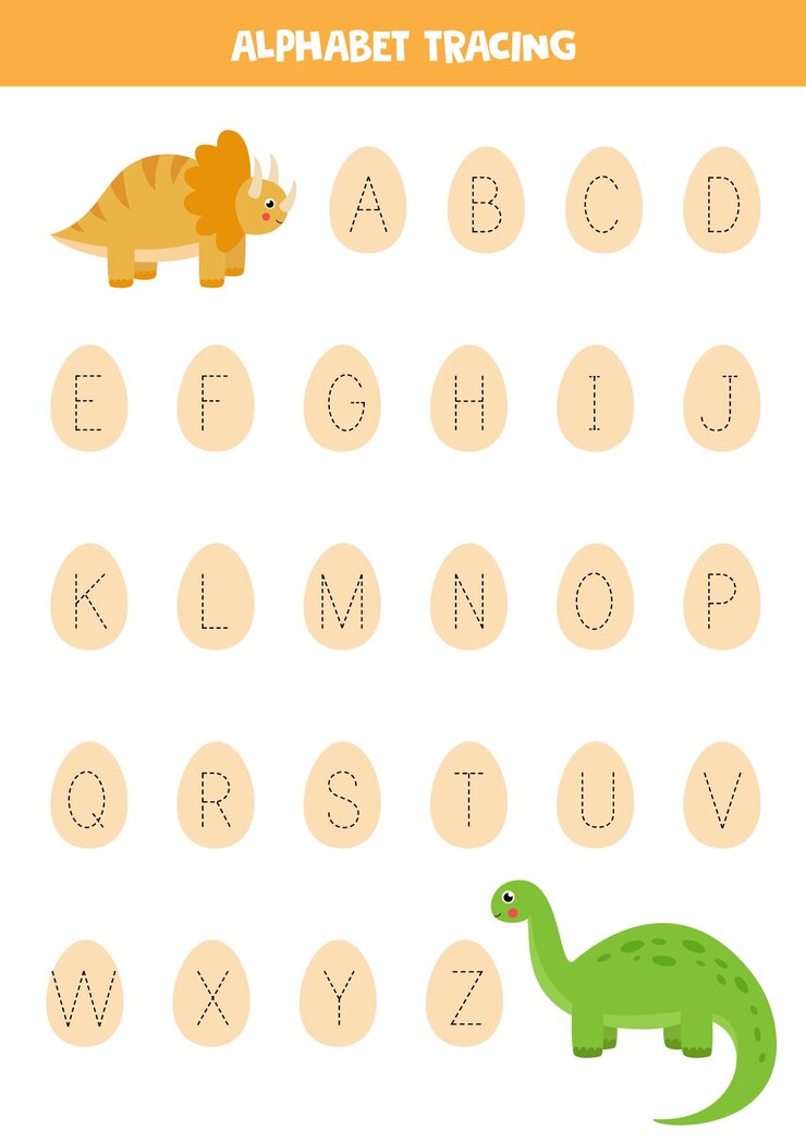Tracciare le lettere dell'alfabeto inglese. Foglio di lavoro con simpatici dinosauri.