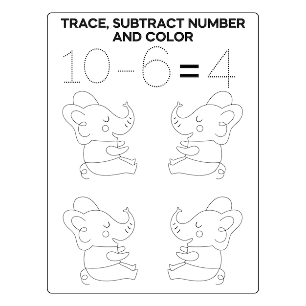 Tracciare Sottrai numero e pagina a colori per bambini stampabile Premium Vector