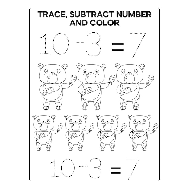 Tracciare Sottrai numero e pagina a colori per bambini stampabile Premium Vector