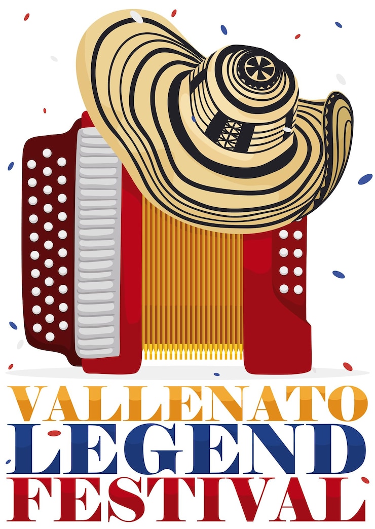 Vettore tradizionale cappello vueltiao su confetti a fisarmonica per celebrare il festival della leggenda di vallenato