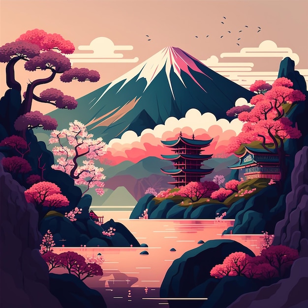 Tradizionale giapponese Sakura Season Temple Lake, illustrazione vettoriale