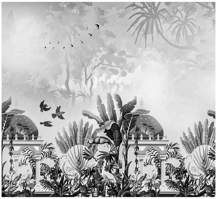 Tradizionale giardino Mughal e illustrazione a cornice della regina seduta