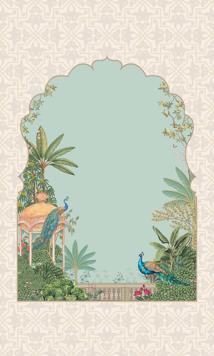 Vettore tradizionale mughal giardino arco pianta pavone disegno senza cuciture per l'invito