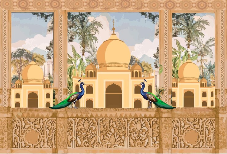 Vettore tradizionale tempio mughal parete reticolare modello di albero di pavone illustrazione mughal indiano disegnato a mano
