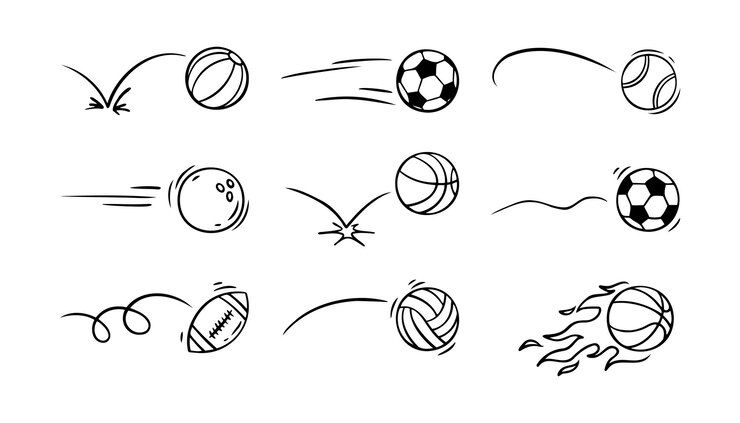 traiettoria della palla sportiva linea di raccolta rimbalzo palle disegnate a mano illustrazione vettoriale del set