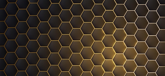 Trama 3d realistica scura di struttura dorata esagonale o a nido d'ape su sfondo nero con luce