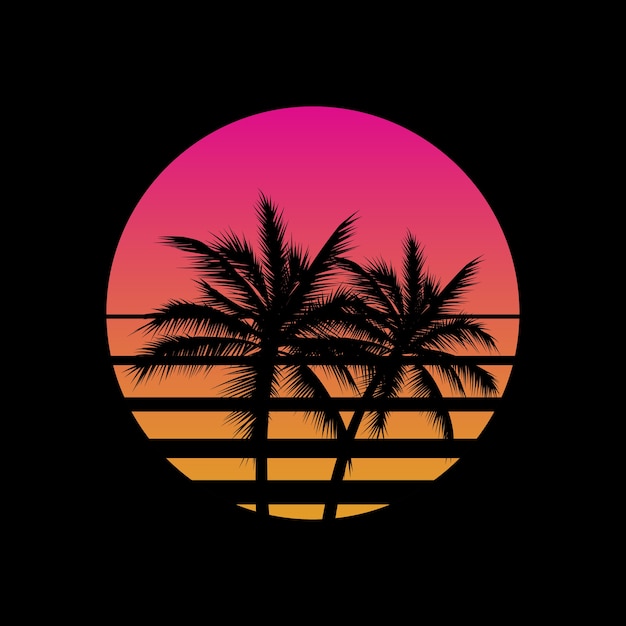 Tramonto in stile vintage con palme sagome logo o icona gesign modello su sfondo nero. Sole di Vaporwave.