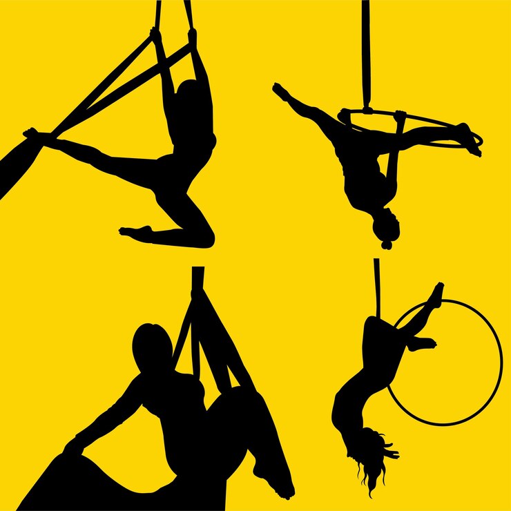 Vettore trapezista silhouette facendo acrobazie su sete aeree