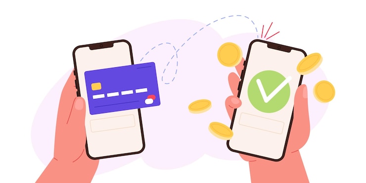 Vettore trasferimento di denaro mobile pagamento digitale p2p mani in mano smartphone con carta di credito e monete portafoglio telefonico inviare pagamento approvato concetto vettoriale razzista