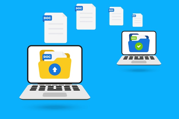 Trasferimento file Due laptop con cartelle sullo schermo e documenti trasferiti Copia file scambio dati backup condivisione file concetti Carica documento Stile piatto Illustrazione vettoriale