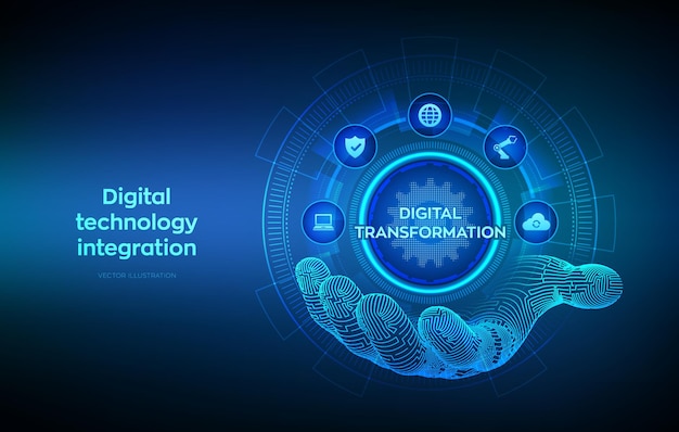 Trasformazione digitale Concetto di digitalizzazione dei processi aziendali e tecnologia moderna Icona di trasformazione digitale in mano wireframe Soluzioni di innovazione di disruption Illustrazione vettoriale