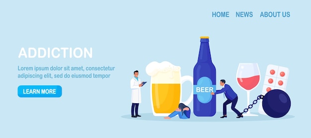 Trattamento delle dipendenze Recupero e riabilitazione Condizione pericolosa per la vita Persone depresse dipendenti da droghe alcol Bere uomo incatenato a una bottiglia di alcol Forte sbornia Terapia dell'alcolismo