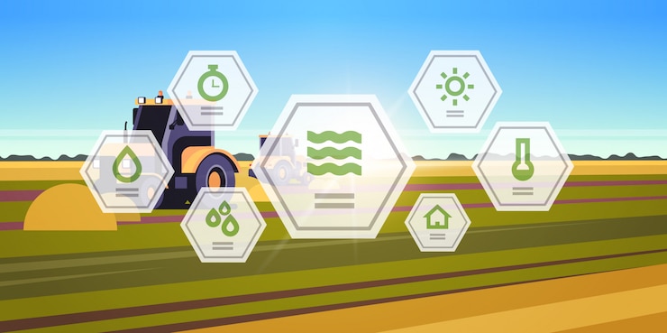 Vettore trattore che ara macchinari per terreni pesanti che lavorano in campo intelligente agricoltura moderna tecnologia organizzazione della raccolta paesaggio concetto di applicazione