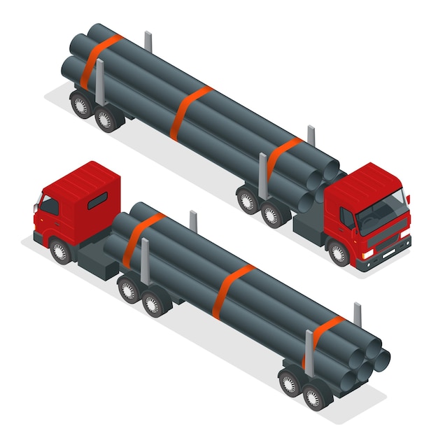 Trattore isometrico per camion con tubo di traino del rimorchio a pianale ribassato. Elemento infografica vettoriale