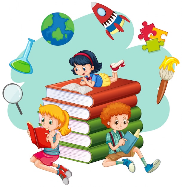Tre bambini che leggono libri