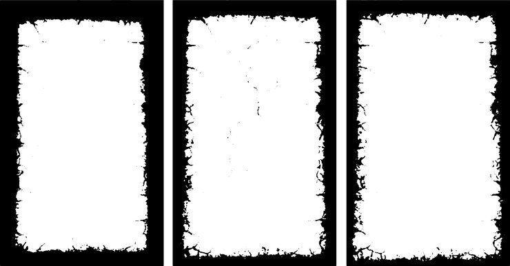 Vettore tre bandiere verticali bianche con bordi neri una cornice quadrata con effetto grunge bianco e nero