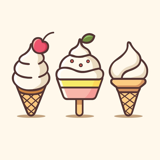 tre coni di gelato con uno che ha una ciliegina in cima