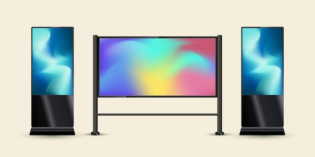 Tre diversi stili di grandi schermi LED Mock up con supporto realistico nero per esterno e interno