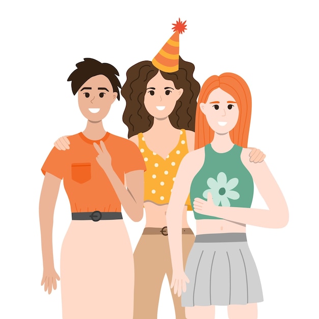 Tre donne alla festa stanno di fronte a noi abbracciandoci sorridendo e scattando una foto Persone felici che festeggiano con cappelli da festa Concetto di celebrazione delle vacanze Illustrazione vettoriale divertendosi con gli amici