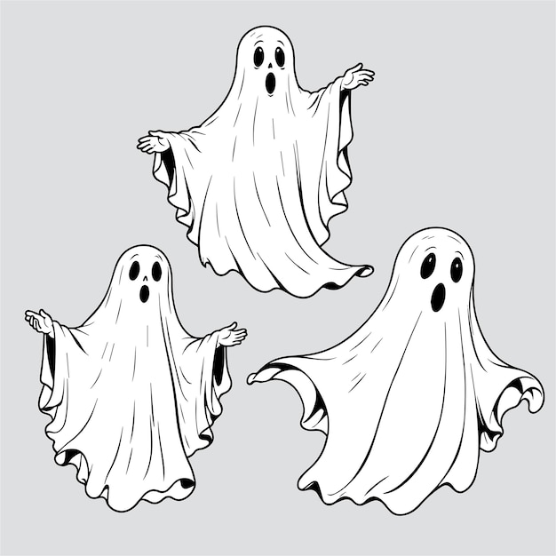Tre illustrazioni di fantasmi spaventosi spiriti giocosi e mistici di Halloween